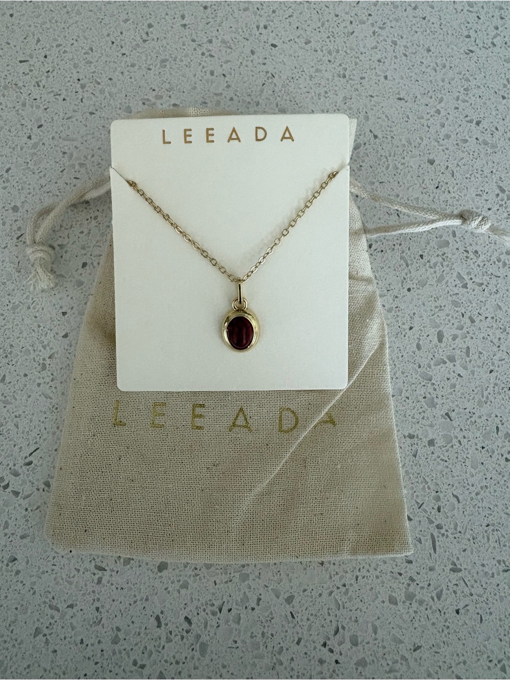 LEEADA Oval Gemstone Pendant Necklace – Gold Burgundy – 18–20" – New